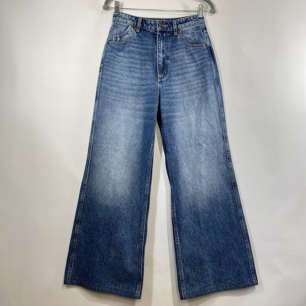 Rolla's Studio Flare High Rise Jeans Altered Hem Size 26 Wide Leg Blue Boho